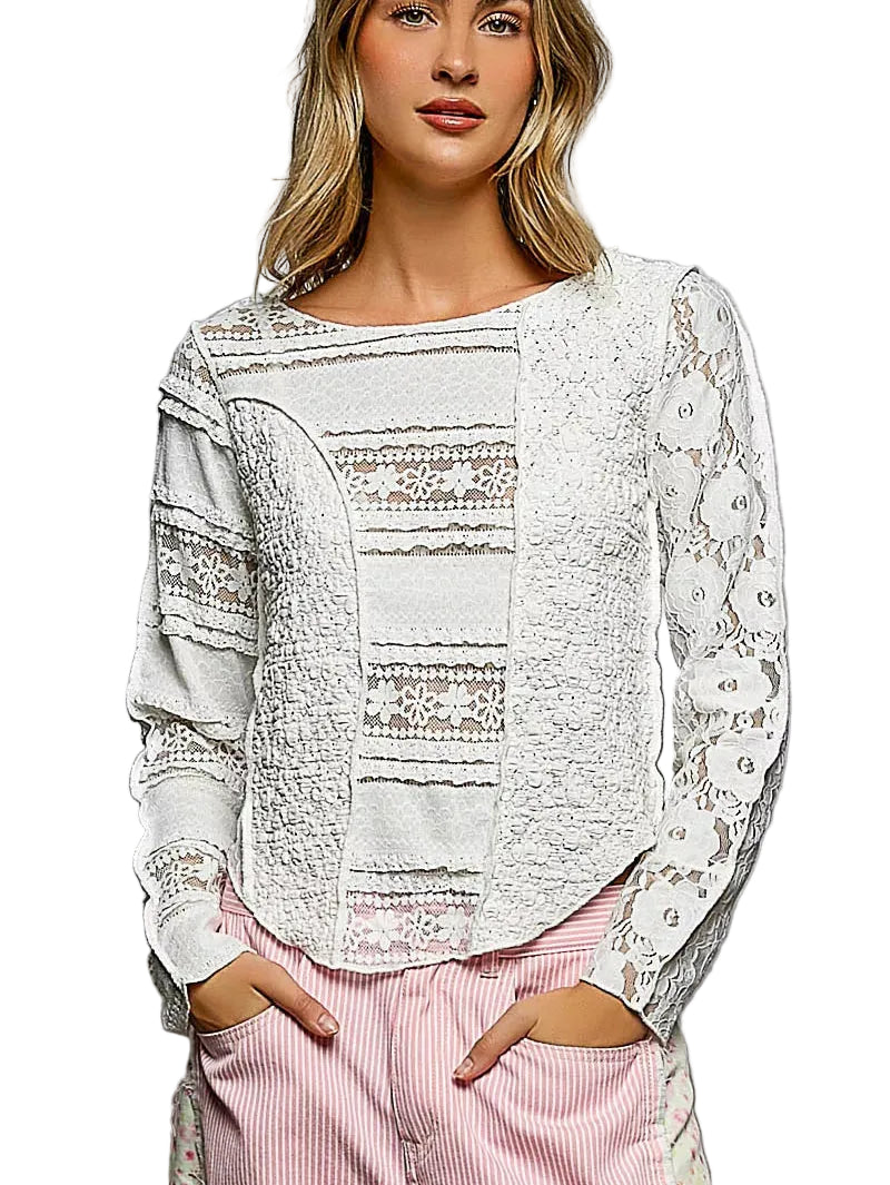 POL Round Neck Long Sleeve Lace Detail Exposed Seam Top White Women’s Knit Shirt - STYLEINGER