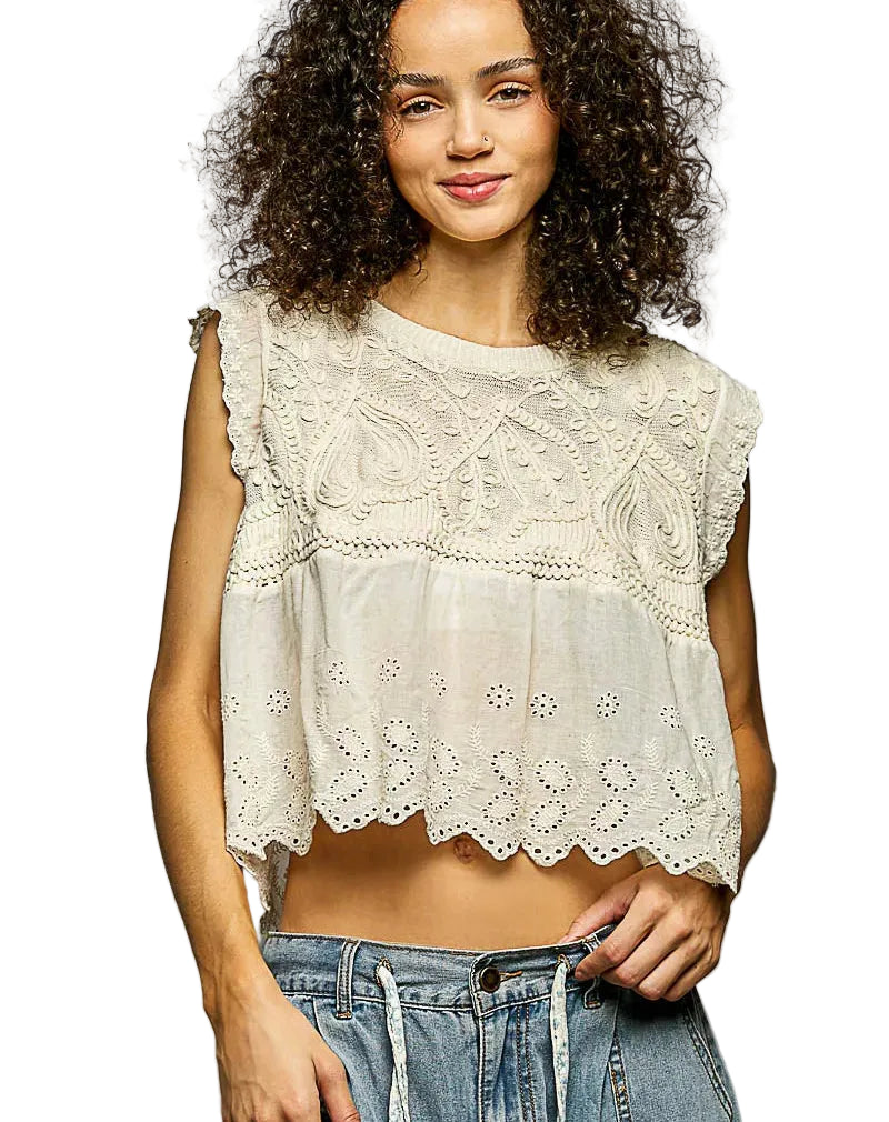 POL Round Neck Sleeveless Crochet Flowy Fit Top Women Boho Knit Tank Casual - Styleinger