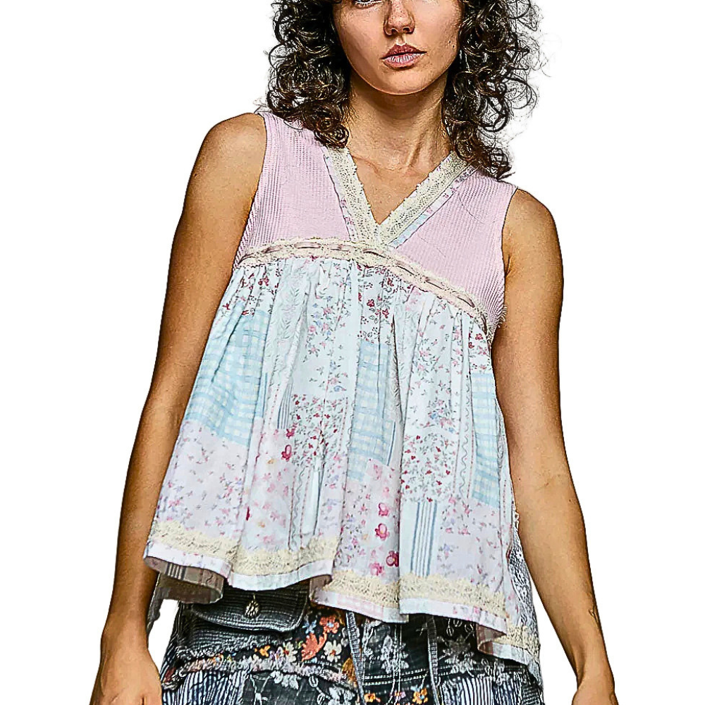 POL Ruffle Babydoll Blouse Lace Back Floral V-Neck Sleevelesss Blush Pink Boho Top