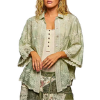 POL Shirt Blouse Floral Lace Embroidered Button-up 3/4 Sleeve Sage Green Top