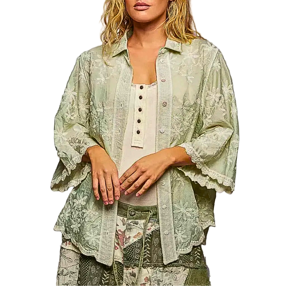 POL Shirt Blouse Floral Lace Embroidered Button-up 3/4 Sleeve Sage Green Top