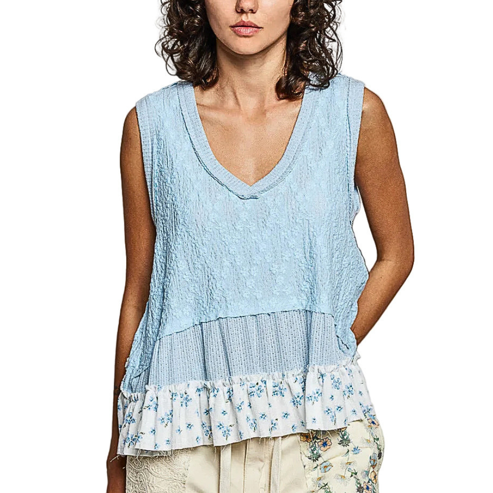 POL Sleeveless Blouse Cotton Floral V-Neck Layered Light Blue Casual Tank Top