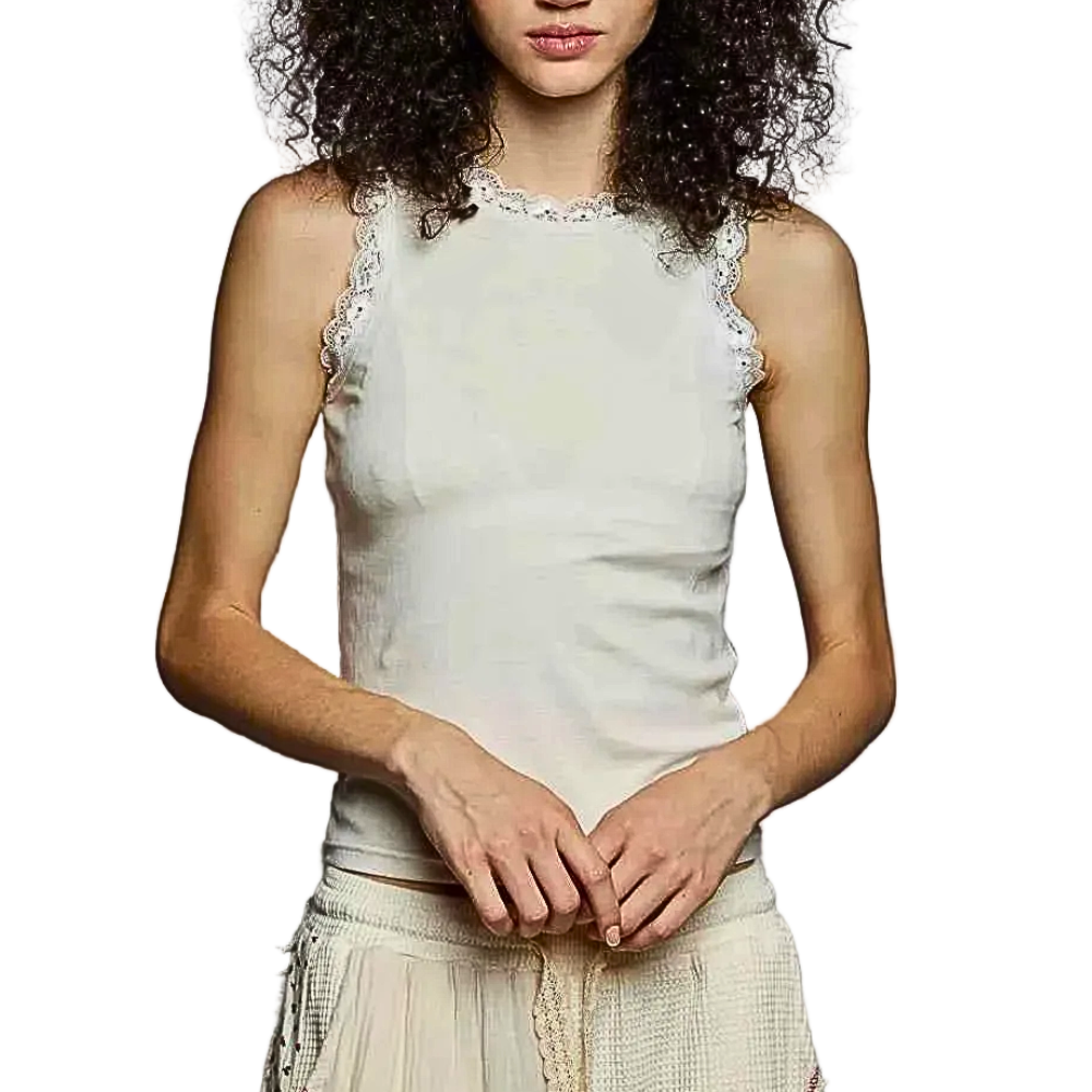 POL Sleeveless Blouse Round Neck Floral Lace Trim Casual Cream Tank Top