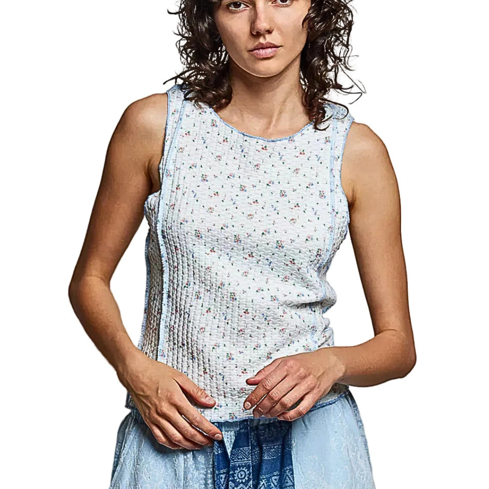 POL Sleeveless Floral Blue Ribbed Tank Round Neck Casual Summer Blouse