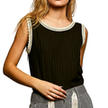 POL Sleeveless Tank Top Black Ribbed Knit Lace Trim Round Neck Casual Blouse