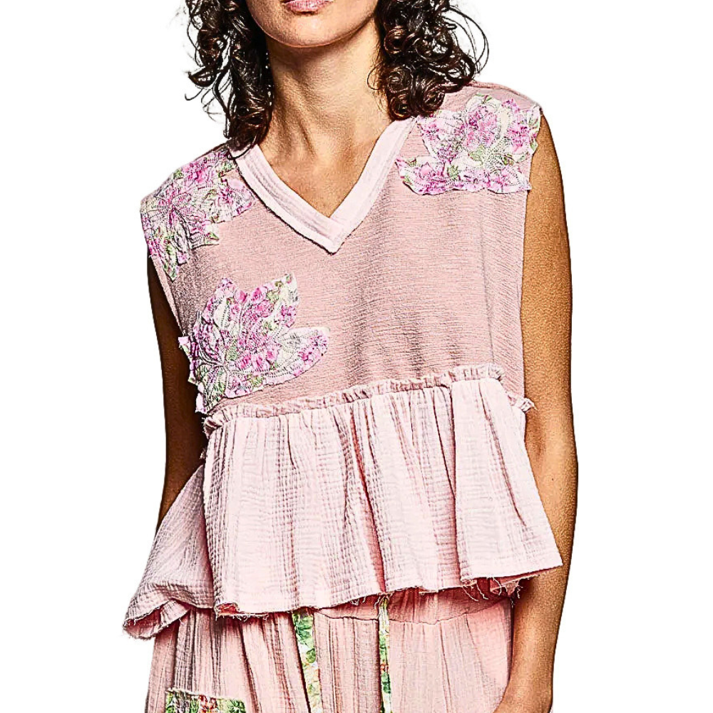 POL Sleeveless Top Pink Floral Patch V-Neck Ruffled Casual Boho Blouse