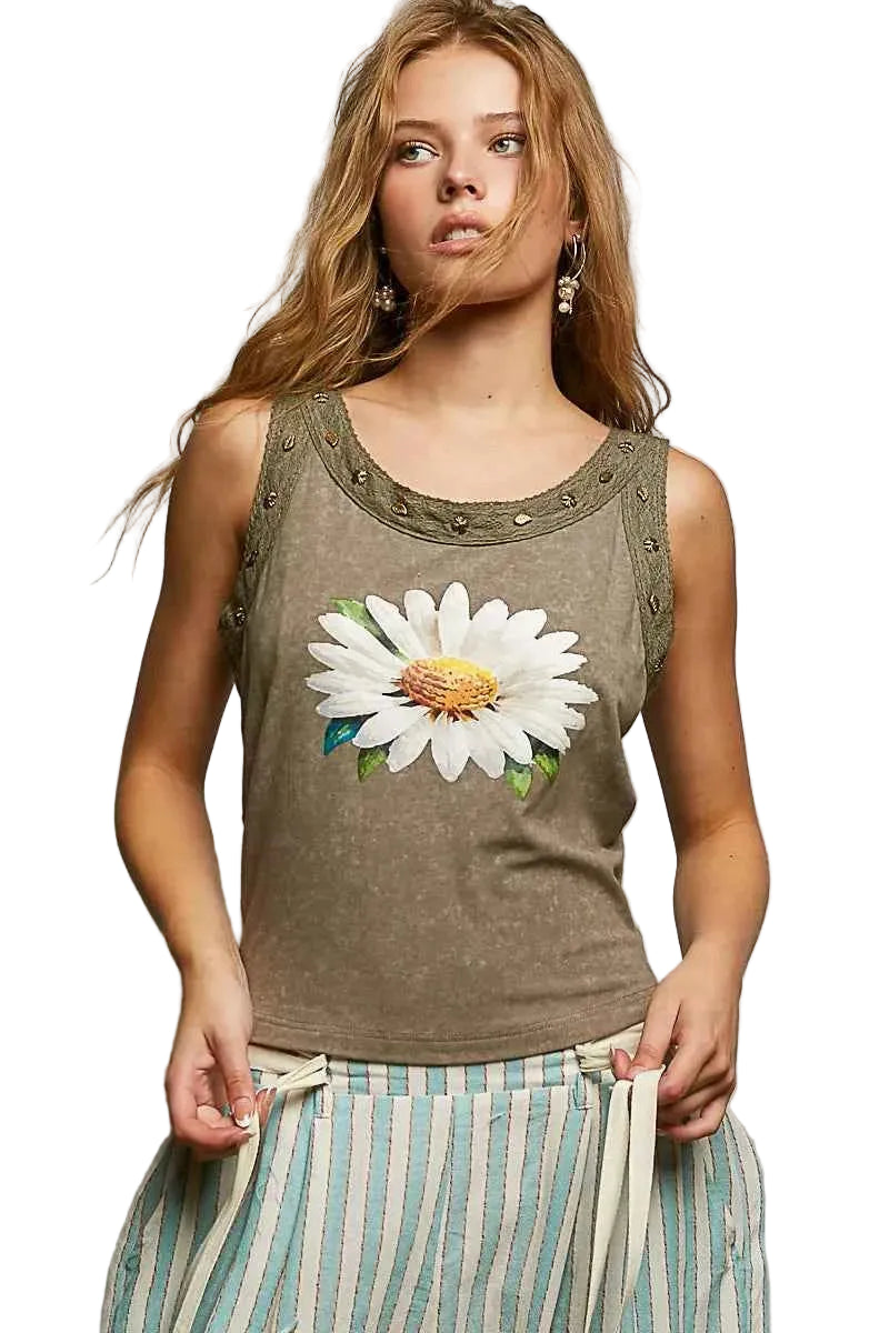 POL Slim Tank Floral Stud Washed Round Neck Olive Comfort Soft Top