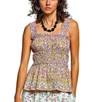 POL Smocked Tank Top Square Neck Peplum Pink Floral Multi Ruffle Trim Strappy Blouse