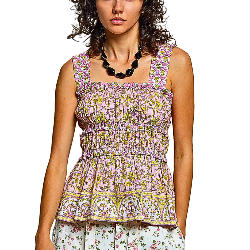POL Smocked Tank Top Square Neck Peplum Pink Floral Multi Ruffle Trim Strappy Blouse