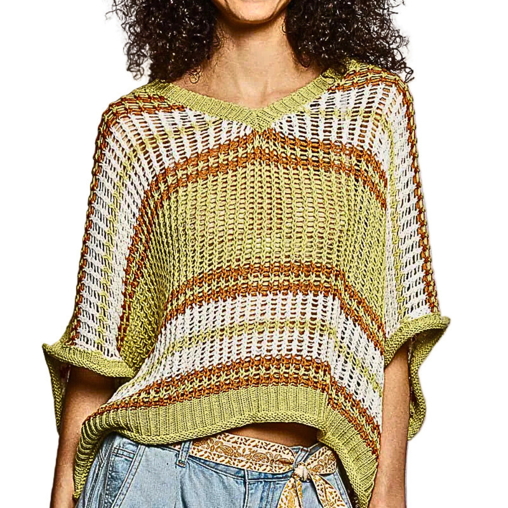 POL Striped V-Neck Sweater Top Lime Sage Green Mix Open Knit Short Sleeve Pullover