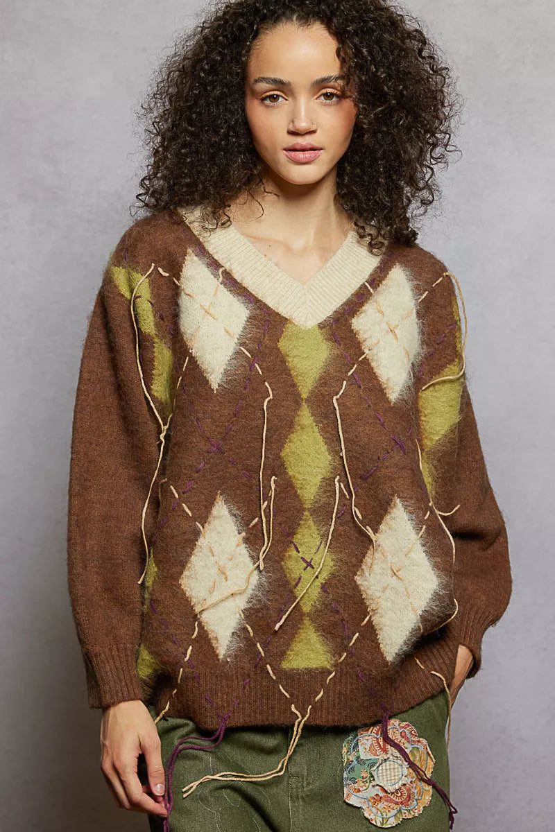 POL Sweater V-Neck Mocha Argyle Pattern Mohair with Contrast Exposed Stitch MOCHA POL_Sweater_V-Neck_Mocha_Argyle_Pattern_Mohair_with_Contrast_Exposed_Stitch Trendsi