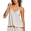 POL Tank Knit Top V-neck Lace Trim Textured Almond Ruffles Camisole Blouse