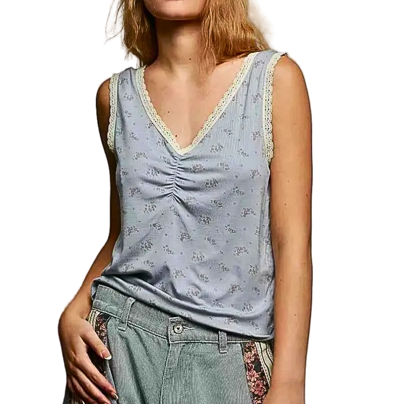 POL Tank Top Floral Ruched V-Neck Lace Trim Powder Blue Sleeveless Boho Blouse