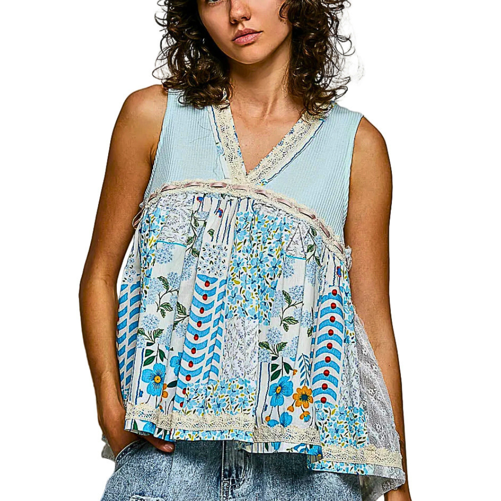 POL Tank Top Floral V-Neck Lace Back Ruffle Sleeveless Light Blue Boho Casual Top