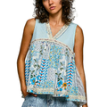 POL Tank Top Floral V-Neck Lace Back Ruffle Sleeveless Light Blue Boho Casual Top