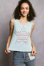 POL Tank Top Striped Star Patch Round Neck Stud Point Ribbed Sleeveless