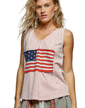 POL Tank with American Flag Patch & Star Back V-Neck Ribbed Pink Women’s Top - Styleinger