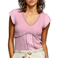 POL Textured Blouse V-Neck Floral Lace Trim Casual Soft Pink Short Sleeve T-shirt Top