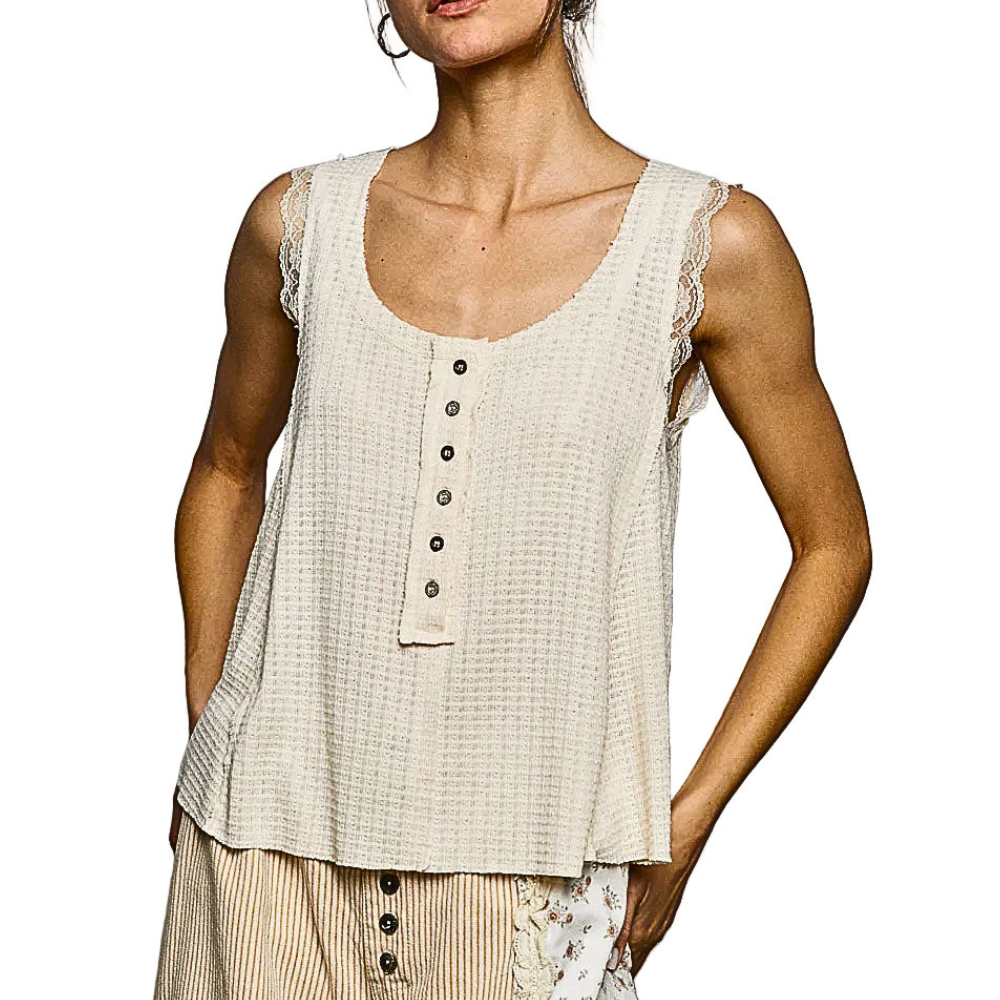 POL Textured Knit Tank Vanilla Button Round Neck Sleeveless Lace Trim Blouse