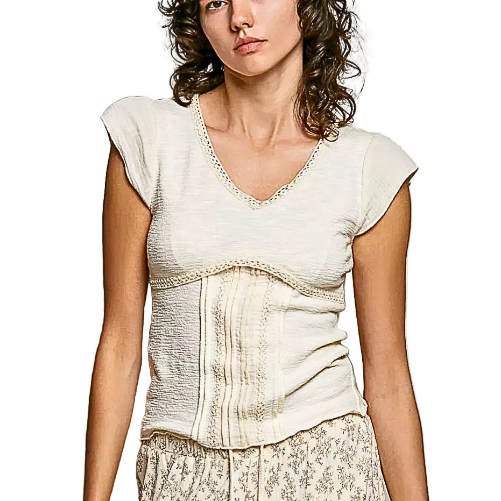 POL Textured T-shirt V-Neck Lace Trim Cream Casual Short Sleeve Cotton Top