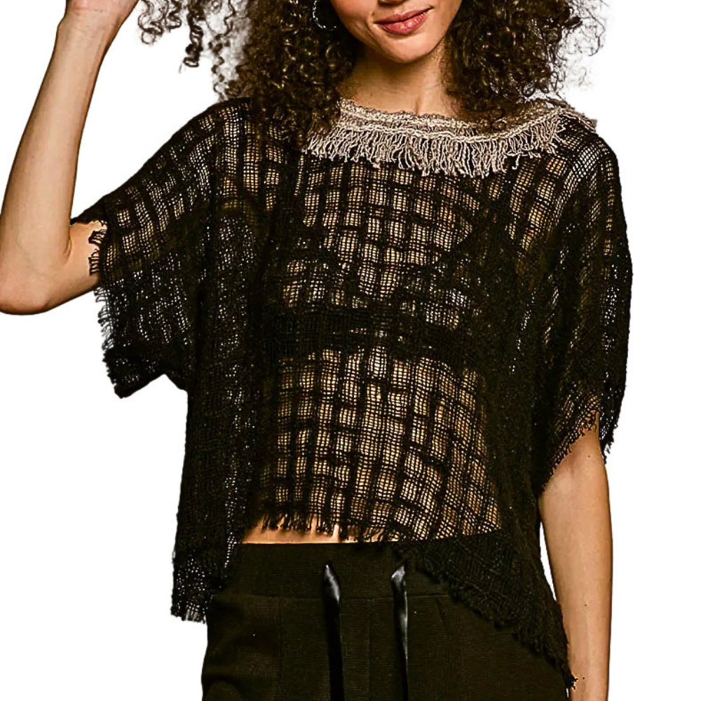POL Textured Top Woven Knit Black Tassel Round Neck Short Sleeve Boho Sheer