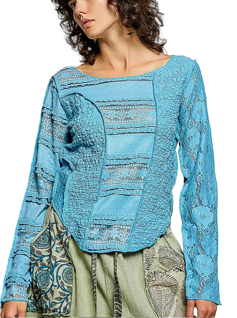 POL Top Round Neck Long Sleeve Lace Detail Exposed Seam Women’s Knit Shirt Blue