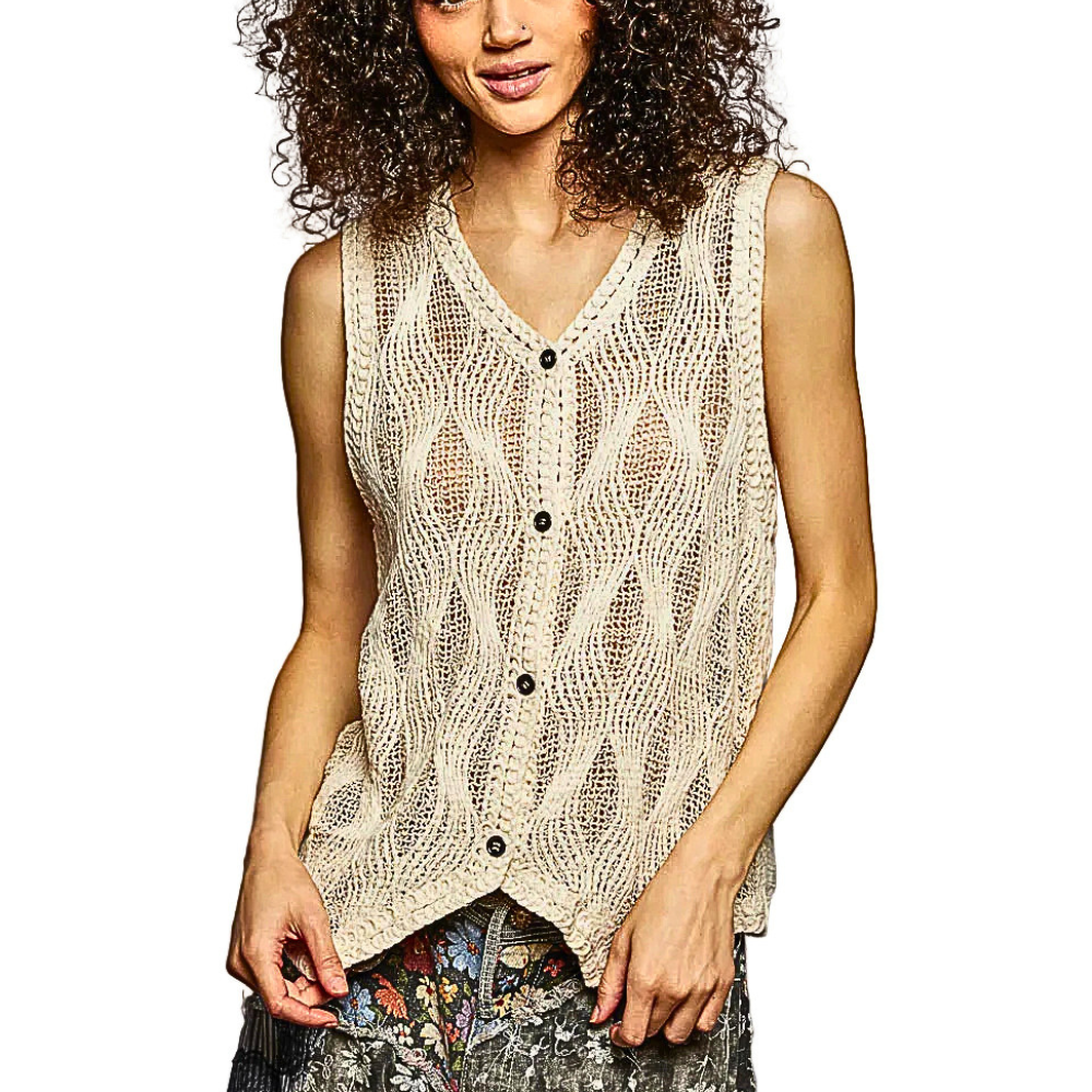 POL V-Neck Knit Vest Lightweight Wave Buttoned Sleeveless Cream Beige Sweater