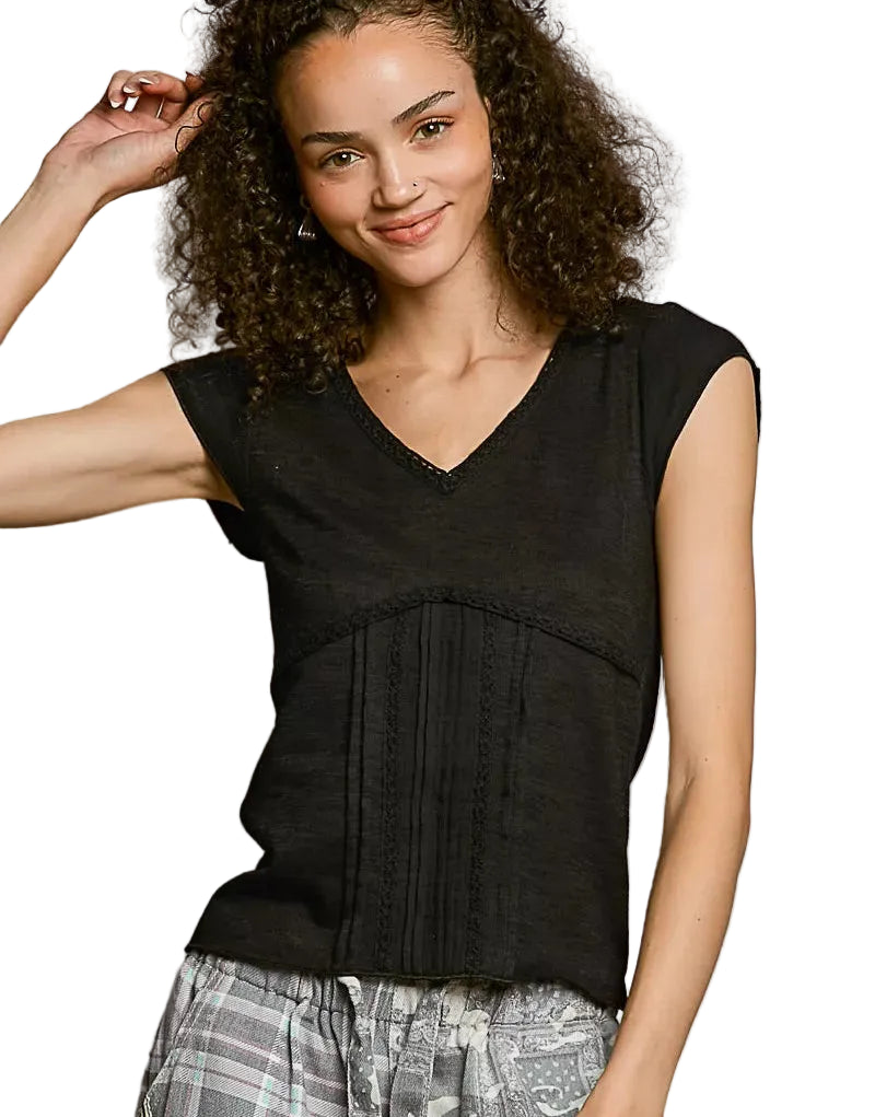 POL V-Neck Lace Trim Knit Top Black Short Sleeve Women Casual Lightweight Tee - Styleinger