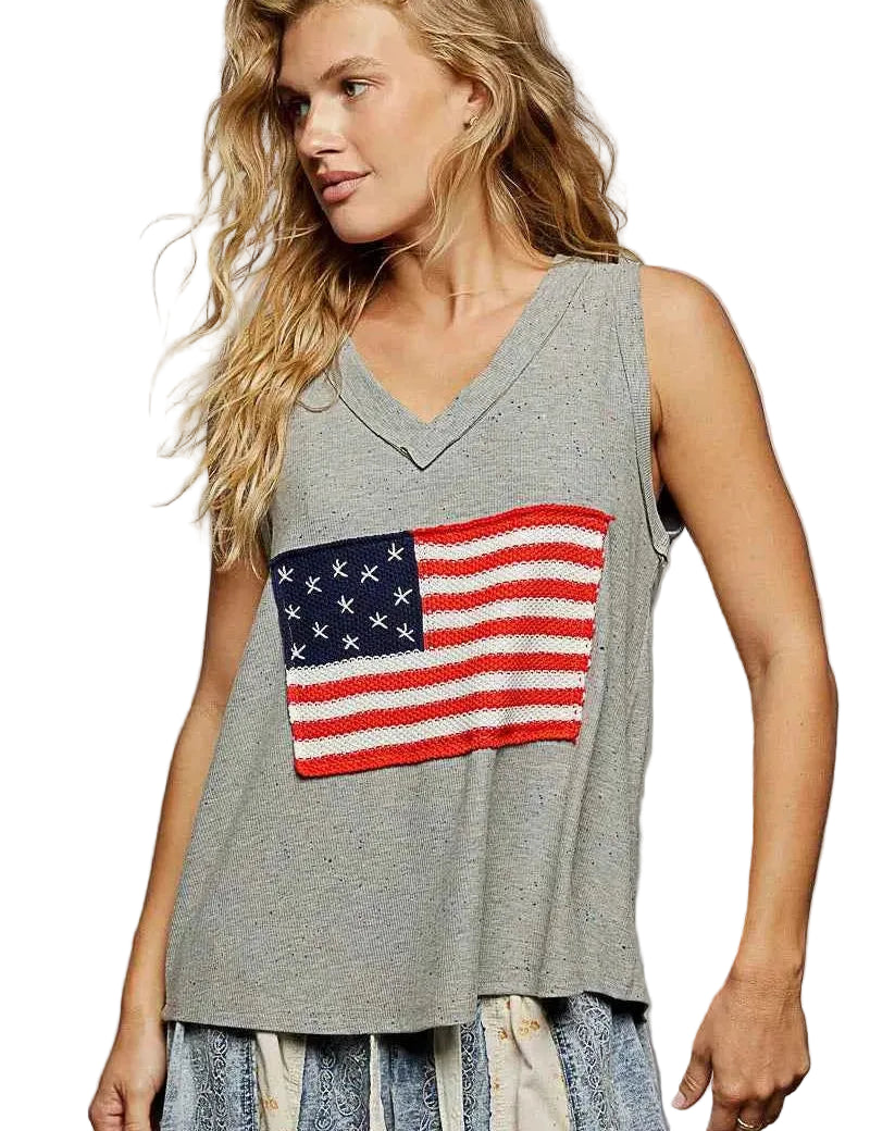 POL V-Neck Ribbed Tank with American Flag & Star Back Patch Women Casual S-L Gray - STYLEINGER