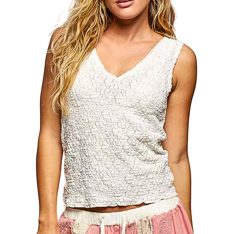 POL V-Neck Tank Top V-Neck Off White Textured Knit Lace Trim Sleeveless Cotton