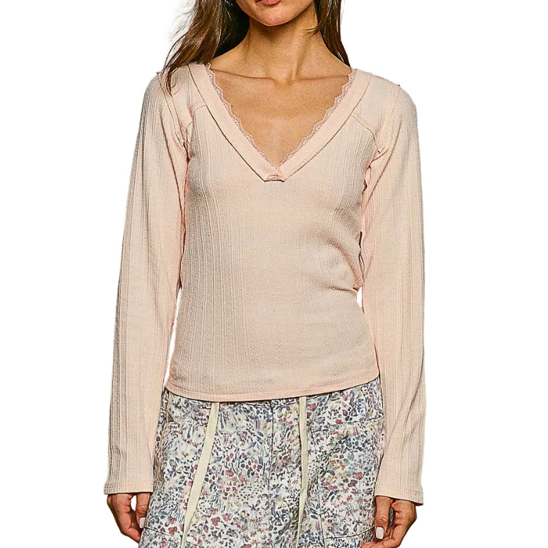 POL Blouse V-Neck Lace Trim Long Sleeve Ribbed Knit Top Blush Pink Casual Lightweight