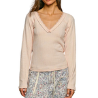 POL Blouse V-Neck Lace Trim Long Sleeve Ribbed Knit Top Blush Pink Casual Lightweight