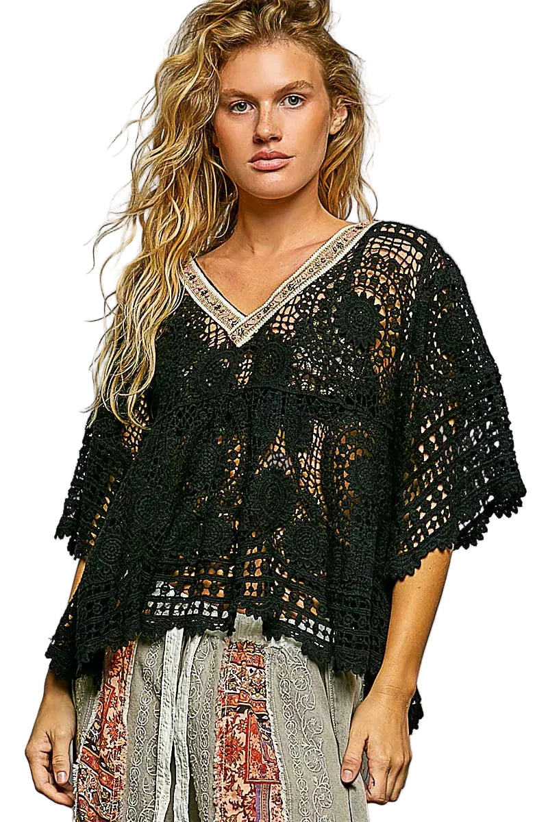 POL V‑Neck Crochet Top with Scalloped Hem Women Boho Summer Knit Tee