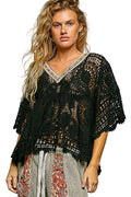 POL V‑Neck Crochet Top with Scalloped Hem Women Boho Summer Knit Tee