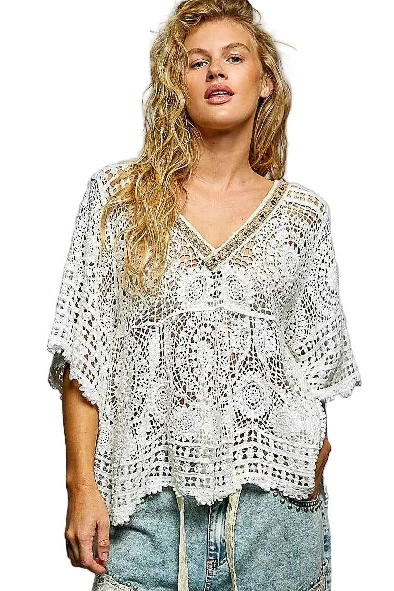 POL V‑Neck Crochet Top with Scalloped Hem Women’s Boho Knit Sleeveless Tank