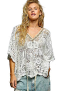 POL V‑Neck Crochet Top with Scalloped Hem Women’s Boho Knit Sleeveless Tank