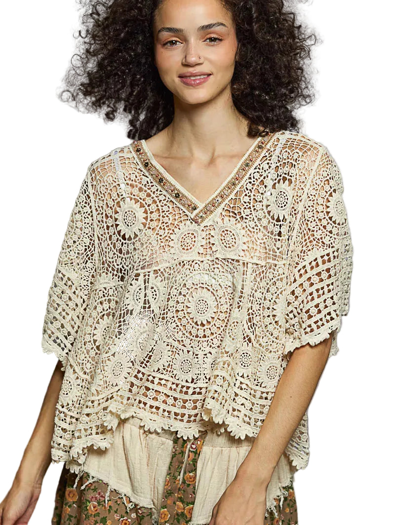 POL V‑Neck Crochet Top with Scalloped Hem Women’s Casual Summer Blouse