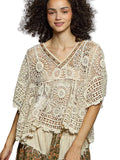 POL V‑Neck Crochet Top with Scalloped Hem Women’s Casual Summer Blouse