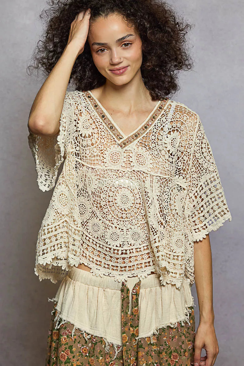 POL V‑Neck Crochet Top with Scalloped Hem Women’s Casual Summer Blouse