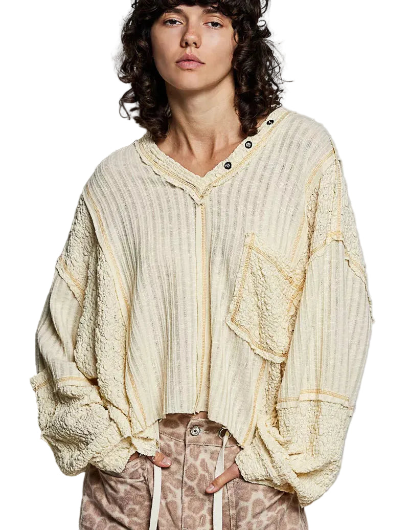 POL V‑Neck Long Sleeve Top with Stitch Detail Women’s Casual Knit Shirt