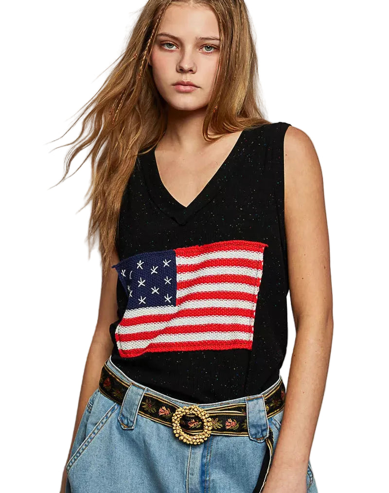 POL V‑Neck Ribbed Tank Women American Flag Patch Star Back Patch Sleeveless Top - Styleinger