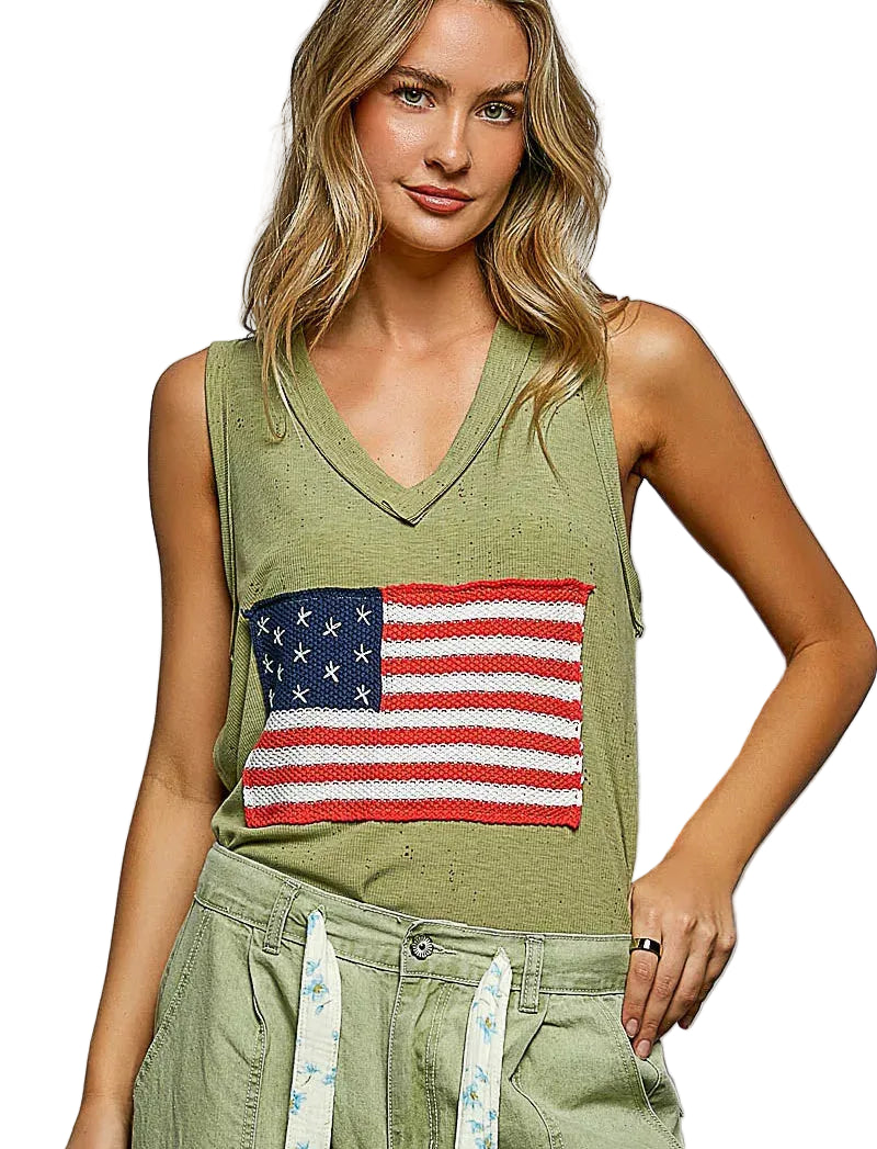 POL V‑Neck Ribbed Tank with American Flag Patch & Star Back Olive Women Top - Styleinger