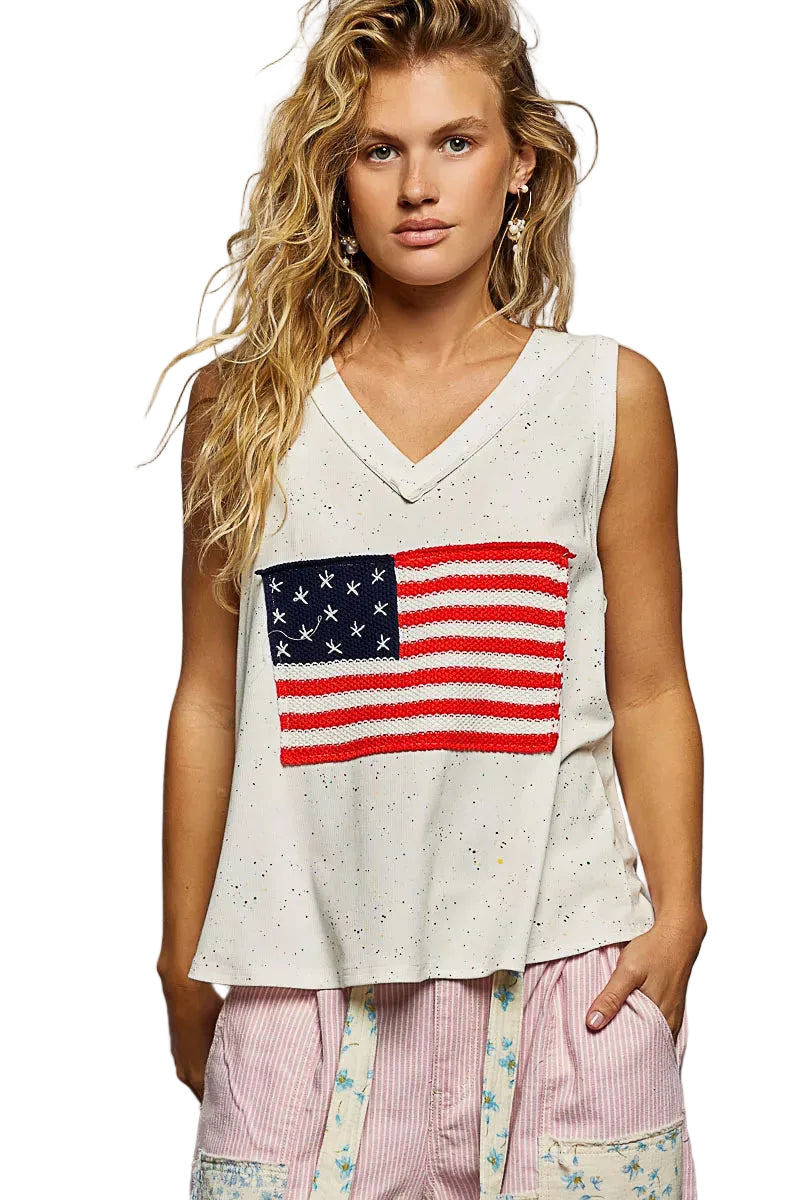 POL V‑Neck Ribbed Tank with American Flag Patch & Star Back Patch Women’s Top - Styleinger