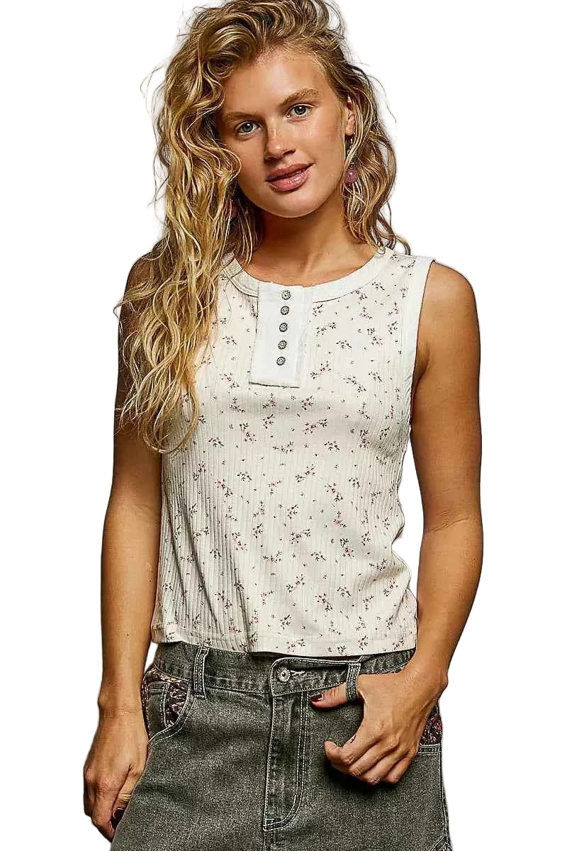 POL Vintage Floral Print Slim-Fit Knit Tank with Raw-Edge Details