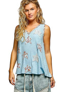 POL Washed Ribbed V-Neck Tank with Floral Print Star Patch