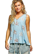 POL Washed Ribbed V-Neck Tank with Floral Print Star Patch