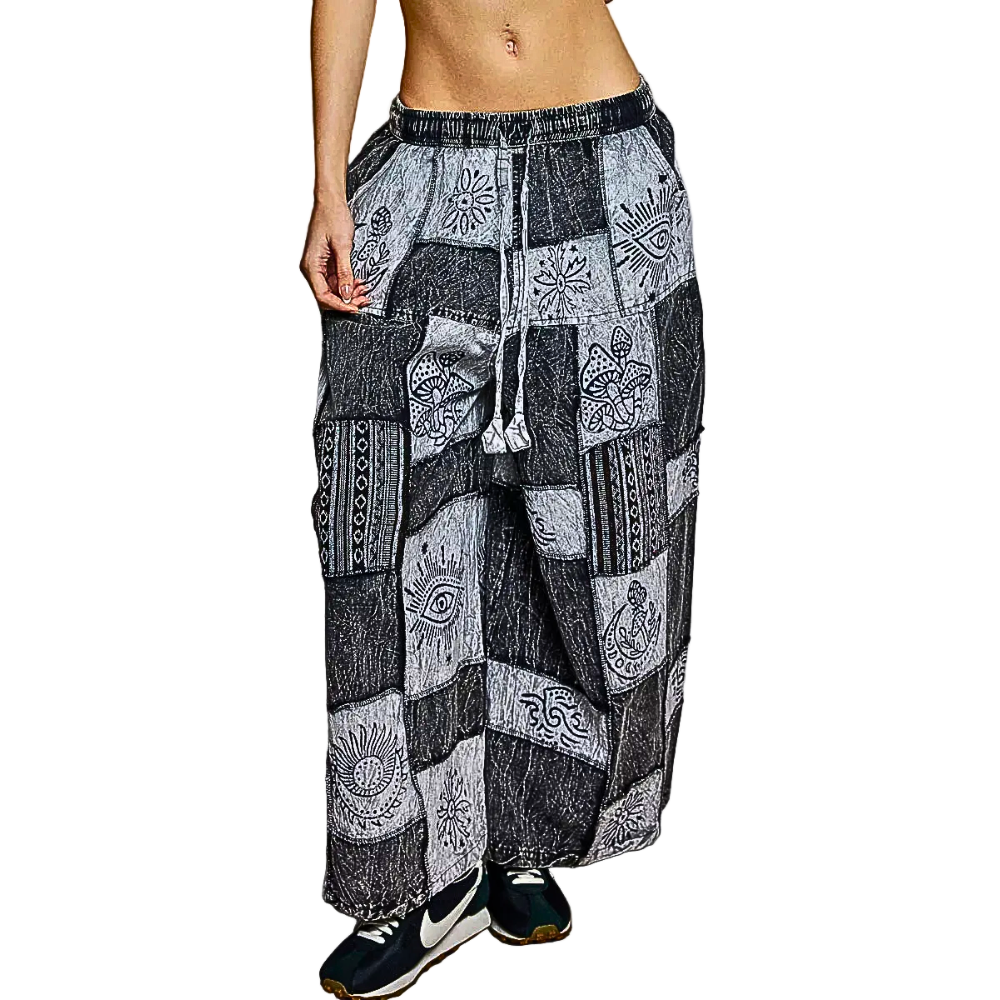 POL Wide-Leg Pants Boho Multi Black Plaid Patch Print Drawstring Loose Trousers