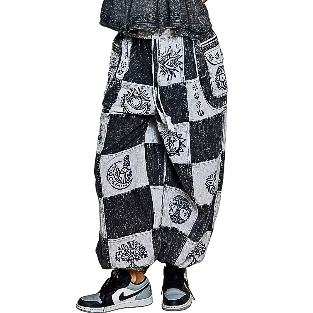 POL Wide Leg Pants Drawstring High-Rise Black Boho Print Patch Plaid with Pockets