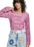 POL Women Knit Casual Blouse Exposed Seam Lace Rose Pink Long Sleeve Top - Styleinger