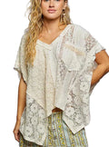 POL Women’s Asymmetrical V-Neck Short Sleeve Lace Top Casual Boho Knit Shirt Beige - STYLEINGER
